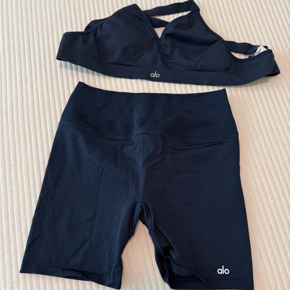ALO Yoga Navy Ribbed Sports Bra and Bike Shorts Set